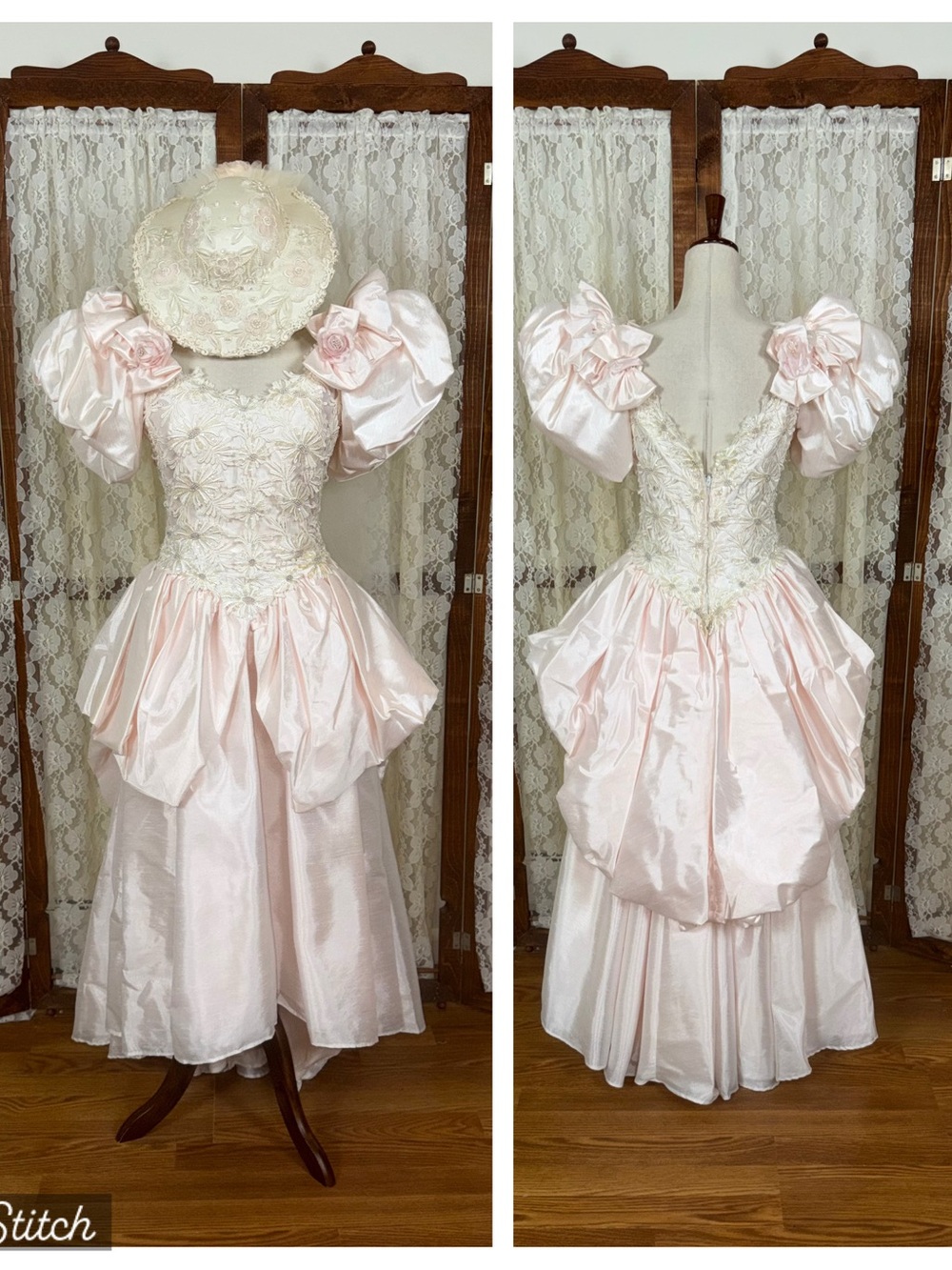 Fabulous Vintage 1980s Demetrios Pink Taffeta Wedding Gown & Hat